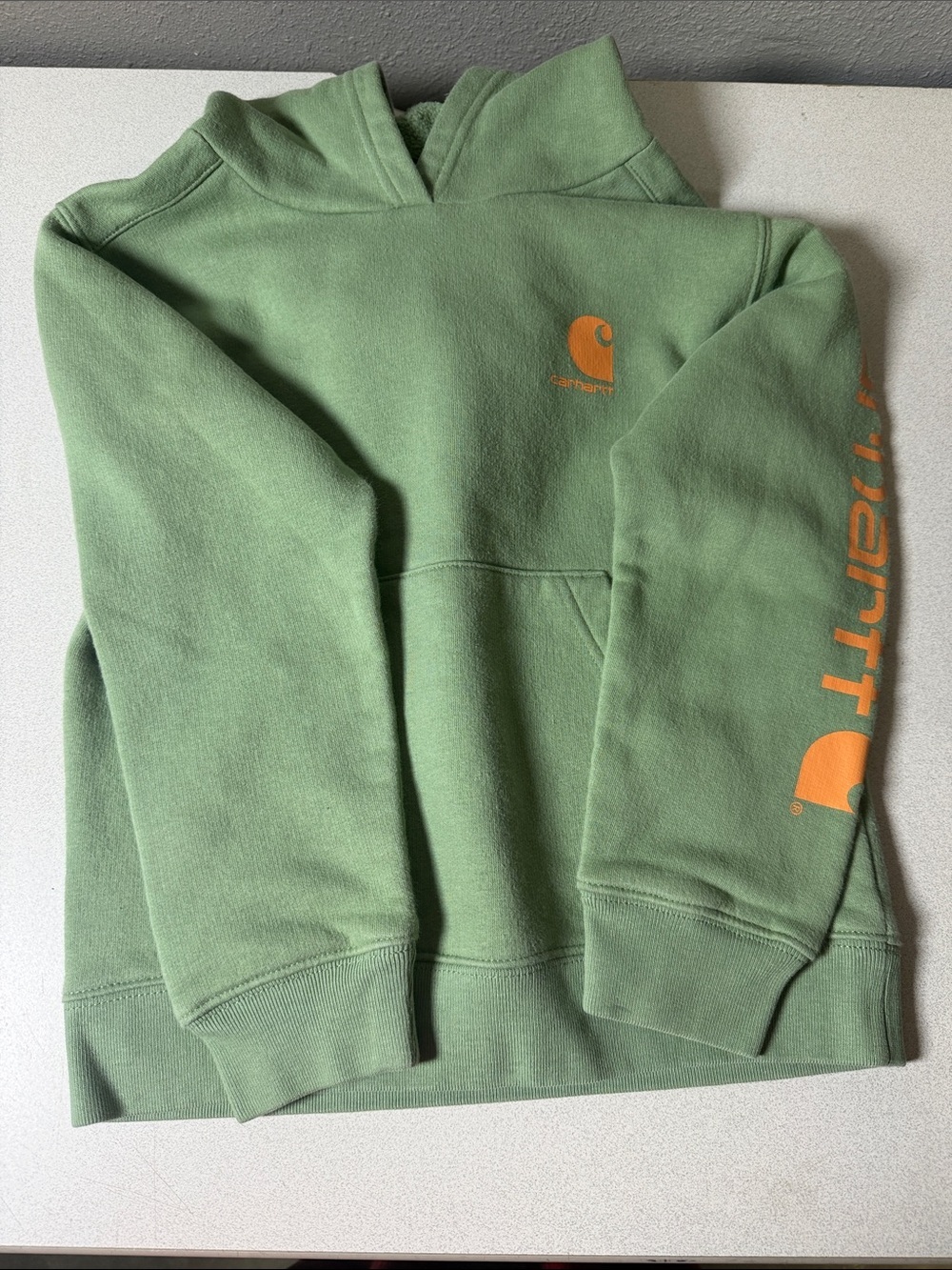Carhartt Men’s Green Crewneck Hoodie with Orange Logo